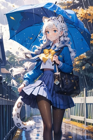 //quality, (masterpiece:1.4), (detailed), ((,best quality,)),//,(1girl),(solo),//,(white leopard_ears :1.3),(white leopard tail:1.3),hairstyle, (white hair:1.3),long_hair,(,single braided,braided_hair:1.3), sidelocks, blue_eyes, detailed eyes,//,hair_ornaments,ornaments,(blue high school_uniform: 1.3),schoolbag,(black pantyhose:1.3),(wet:1.2),//,serious,blush,//,cowboy_shot,close_up,walking,(holding blue umbrella:1.4),//(heavy raining:1.3),cloudy,road,scenery,lily_(flower),(flowers:1.4),fence,trees,leaf,plant