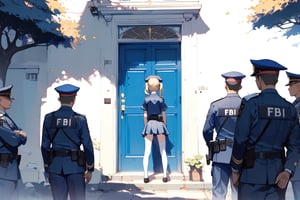 //quality, (masterpiece:1.3), (detailed), ((,best quality,)),//1girl,(loli:1.4),child,//,blonde_hair,sidelocks,(twin drills:1.4),//,(Text "FBI" uniform :1.4),(blue police_uniform:1.4),police_cap,white stockings,//,//,(from_behind:1.4),(,blue door,standing in front of a closed_door:1.4),wide_shot,plants,leaf,(,multiple_men,6men,many army polices surrounding the girl:1.4),scenery