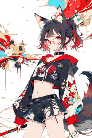 //quality, (masterpiece:1.4), (detailed), ((,best quality,)),//,1girl,solo,(cute,loli),//,(black fox ears:1.4),animal ear fluff,(black hair:1.3),(red hair1.2),(colored inner hair:1.4),(short ponytail:1.4),bangs,sidelocks,beautiful detailed eyes,(red eyes:1.3),(,red_glasses:1.4),(black_fox_tail :1.4),//,fashion,hood,(cat_collar,collarbone),navel,ink-stained_clothes,ink_on_face,//,:),looking_at_viewer,(,closed_mouth,smile),(blushing:1.3),//,dynamic pose,(,v,v-sign:1.4),//,emo,(graffiti style:1.4),(wall graffiti),colordul ink,colorful background,Ink art,