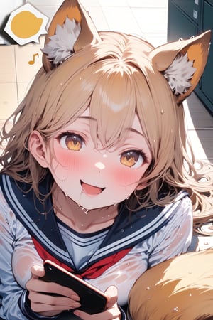 /quality, (masterpiece:1.4), (detailed), ((,best quality,)),//,(1girl),(solo:1.2),//,(yellow dog_ears :1.3), animal ear fluff,(yellow dog tail:1.3),hairstyle, (yellow hair:1.3),long_hair,wavy_hair,bangs,(yellow_eyes),detailed eyes,(large_chests:1.4),//,hair_ornaments,ornaments,sailor collar,blue school_uniform,(white shirt:1.2),darkblue short skirt,(wet:1.4),wet_hair,(wet_clothes,wet_hair),white thighhgihs,//,(naughty_face:1.2),blush,smile,mouth_open,drooling,looking_up,//,(on floor,on stomach:1.4),((,cell phone,holding cell phone:1.4)),(spoken music note symbols:1.3),//,(indoor:1.2),(locker_room),white floor,reflective floor,(,close_up,from_above:1.3),