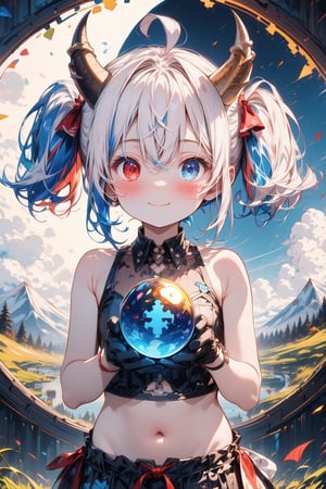//quality, (masterpiece:1.4), (detailed), ((,best quality,)),//,1girl,solo,loli,//,(short twintails:1.4),(white hair:1.2),(blue hair:1.1),(colored inner hair:1.3),ahoge,(demon horn:1.3),hair_accessories,beautiful detailed eyes,glowing eyes,(blue eyes:1.3),(red eyes:1.2),(heterochromia:1.4),navel,//,fashion,sleeveless,blue crop top,(black gloves:1.2),stockings,//,(blush:1.2),:),light smile,closed_mouth,//,(((,hands holding a glowing orb:1.4))),//,//,straight-on,magic,(sparkling_background:1.4),backlight,(colorful puzzle,puzzle background:1.3),Blue Backlight,Ink art,colorful ink background