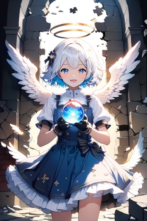[Angel ଘ( ˊᵕˋ )ଓ TensorArt:0.00]//quality, (masterpiece:1.4), (detailed), ((,best quality,)),//,1girl,solo,loli, (angel:1.4),//,(short hair:1.4),(white hair:1.3),(blue hair:1.2),(colored inner hair:1.4),ahoge,(halo:1.4),hair_accessories,blue eyes,beautiful detailed eyes,glowing eyes,(angel_wings:1.4),//,lolita,(white topwear: 1.2),(blue_dress: 1.4),(gloves:1.3),//,blush,smile ,cute_fangs, looking at viewer,facing_viewer,(straight-on:1.3),(cowboy_shot:1.2),//,flying,(holding glowing orb:1.4),(,indoor,puzzle,brpken_glass,broken_wall,broken_background,simple_background,black_background:1.4),broken_glass,(,back light,cinematic lighting:1.2), background light,blurry background,shards,glass
