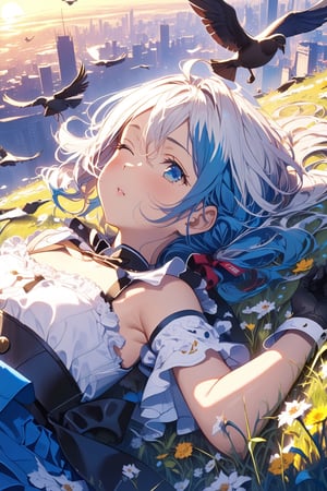 //quality, (masterpiece:1.4), (detailed), ((,best quality,)),//,1girl,solo,loli,//,(short twintails:1.3),(white hair:1.3),(blue hair:1.1),(colored inner hair:1.4),ahoge,hair_accessories,(,blue eye,one_eye_closed:1.4),//(,fashion,white croptop,blue skirt,),armpits,navel,thighhigh,(gloves),//,(,blush:1.1), closed_mouth,(looking_away:1.4),//,(lying on back:1.4),(lying on grass:1.4),flowers,(sun,daybreak:1.4),(flying birds:1.4),scenery, cityscape,close_up,from_above,aerial_view