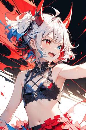 //quality, (masterpiece:1.4), (detailed), ((,best quality,)),//1girl,solo,loli,//,(short twintails:1.4),(white hair:1.2),(blue hair:1.1),(colored inner hair:1.3),ahoge,(demon horn:1.3),hair_accessories,beautiful detailed eyes,glowing eyes,(blue eyes:1.4),(red eyes:1.2),(heterochromia:1.4),(armpits),navel,//,fashion,blue croptop,(gloves:1.2), stocking,//,(,angry:1.2),blush,(smirk:1.3),(,frowning,fangs:1.2),//,battle stance,,clenched_fist,//,(motion_lines,motion_blur:1.3),(,black_background:1.4),ink art,(red ink and blue ink surrounding the girl:1.4),ink background,broken_glass, shards,flying puzzle, (profile:1.6)