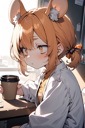 //quality, (masterpiece), (detailed), ((,best quality,)),//1girl,mouse_ears,scientist,((loli)), orange_hair,hairstyle, short twintails,sidelocks, light orange eyes, detailed eyes,eye_half_opened,(((bags_under_eyes, slanted eyes, dark_circles eyes, eyebags,))), (round glasses),lab coat,hair_accessories,accessories,flat_chest, sitting,(sleepy),drinking_cup, drinking,coffee,laboratory, paper,cowboy_shot,viewed_from_side,from_side,/,aesthetic,cute,more detail XL,