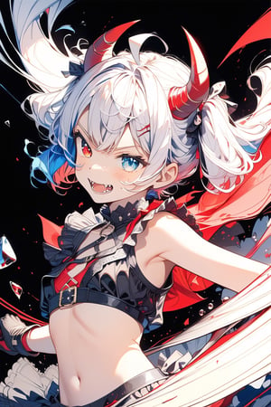 //quality, (masterpiece:1.4), (detailed), ((,best quality,)),//1girl,solo,loli,//,(short twintails:1.4),(white hair:1.2),(blue hair:1.1),(colored inner hair:1.3),ahoge,(demon horn:1.3),hair_accessories,beautiful detailed eyes,glowing eyes,(blue eyes:1.4),(red eyes:1.1),(heterochromia:1.4),armpits,navel,//,fashion,blue croptop,(gloves:1.2), stocking,//,(, angry:1.2),blush,(smirk:1.3),(,frowning,fangs:1.2),//, running,battle stance, lending forward,//,(motion_lines,motion_blur:1.3),(,black_background:1.4),ink art,(red ink and blue ink surrounding the girl:1.4),ink background,broken_glass, shards,flying puzzle, (profile:1.4)