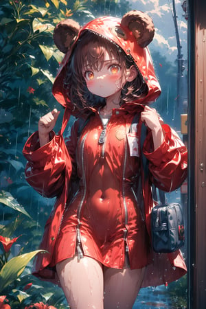 //quality, (masterpiece:1.4), (detailed), ((,best quality,)),//,extremely detailed CG,//, 1girl,solo,cute,/,(brown bear ears:1.4),(hairstyle,brown hair),short hair, bangs,orange eyes,glowing eyes,beautiful detailed eyes,(covered_navel:1.2)//,(red_school_uniform:1.2),(hood_up:1.4),(,zipper raincoat,transparent raincoat:1.4),schoolbag,wet,//,blush,serious,:<,pout:1.3,//,walking,//,(heavy raining:1.3),cloudy,road,scenery,lily_(flower),(flowers:1.4),fence,trees,leaf,plant,cowboy_shot,close_up,,reflection