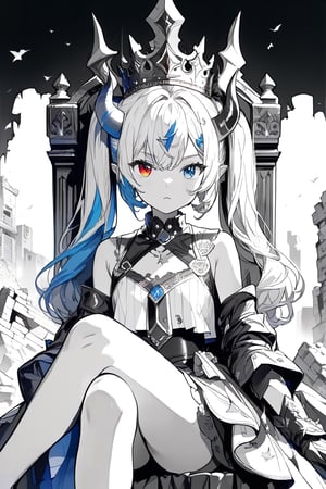 //quality, (masterpiece:1.4), (detailed), ((,best quality,)),//,(monochrome:1.4),(greyscale:1.4),1girl,solo,loli,//,(short_twintails:1.4),(white hair:1.2),(blue hair:1.1),(colored inner hair:1.3),ahoge,(demon horn:1.3),hair_accessories,beautiful detailed eyes,glowing eyes,(blue eyes:1.4),(red eyes:1.1),(heterochromia:1.4),//,fashion,(crown:1.2),white crop top,(gloves:1.2),stockings,//,blush,boring,annoyed,pout,serious,//,(puzzle:1.3),(,crossed_legs,in the ruins of city,throne,sitting on throne:1.4),(hand_on_face:1.2),//,//(,dark_background:1.2),(,black_background:1.4),(monochrome:1.4),(greyscale:1.4),(ruin of buildings :1.4),broken_glass,from_below,straight-on