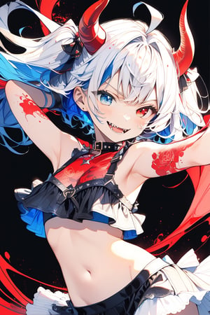 //quality, (masterpiece:1.4), (detailed), ((,best quality,)),//1girl,solo,loli,//,(short twintails:1.4),(white hair:1.2),(blue hair:1.1),(colored inner hair:1.3),ahoge,(demon horn:1.3),hair_accessories,beautiful detailed eyes,glowing eyes,(blue eyes:1.4),(red eyes:1.1),(heterochromia:1.4),armpits,navel,//,fashion,blue croptop,(gloves:1.2),//,(,naughty_face:1.2),blush,(smirk:1.3),(,frowning,fangs:1.2),cowboy_shot,facing at viewer,//,battle stance,//,(motion_lines,motion_blur:1.3),(,black_background:1.2),ink art,(red ink and blue ink surrounding the girl:1.4),ink background,