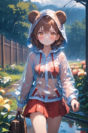 //quality, (masterpiece:1.4), (detailed), ((,best quality,)),//,extremely detailed CG,//, 1girl,solo,cute,/,(brown bear ears:1.4),(hairstyle,brown hair),short hair, bangs,orange eyes,glowing eyes,beautiful detailed eyes,covered_navel,//,(red_school_uniform:1.2),(red_short_skirt:1.2),(hood_up:1.4),(transparent raincoat:1.4),schoolbag,wet,//,blush,serious,:<,pout:1.3,//,walking,//,(heavy raining:1.3),cloudy,road,scenery,lily_(flower),(flowers:1.4),fence,trees,leaf,plant,cowboy_shot,close_up,,reflection