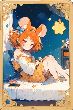 //quality, (masterpiece:1.331), (detailed), ((,best quality,)),//,(1girl),solo,(loli),cute,chibi,//,(mouse_ears:1.3),mouse_tail,(orange_hair:1.3),hairstyle, medium hair, ((,messy_hair,)),sidelocks, (orange_eyes), detailed eyes,flat_chest,//,hair_accessories,accessories,pajama,//,smile,blush, sleepy,//, lying on bed, //, indoor, bedroom, detailed room,aesthetic,watercolor \(medium\), Break, ((Text "Mouse Teacher": 1.4)), clock \(Symbol\), Heart \(Symbol\), Star \(Symbol\), Colorful, Chibi Emote Style, Art Tint, ((Sticker:1.4)),artint,