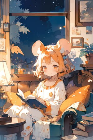 //quality, (masterpiece:1.331), (detailed), ((,best quality,)),//,(1girl),solo,(loli),cute,,//,(mouse_ears:1.3),mouse_tail,(orange_hair:1.3),hairstyle, medium hair, ((,messy_hair,)),sidelocks, detailed eyes, orange_eyes,flat_chest,,//,pajama,//, smile,blush,//, lying on couch, reading books,//, indoor, bedroom, detailed room,aesthetic,watercolor \(medium\),(night:1.3)
