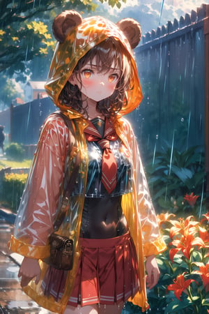 //quality, (masterpiece:1.4), (detailed), ((,best quality,)),//,extremely detailed CG,//, 1girl,solo,cute,/,(brown bear ears:1.4),(hairstyle,brown hair),short hair, bangs,orange eyes,glowing eyes,beautiful detailed eyes,(covered_navel:1.2)//,(red_school_uniform:1.2),(hood_up:1.4),(,transparent raincoat:1.4),schoolbag,wet,//,blush,serious,:<,pout:1.3,//,walking,//,(heavy raining:1.3),cloudy,road,scenery,lily_(flower),(flowers:1.4),fence,trees,leaf,plant,cowboy_shot,close_up,,reflection