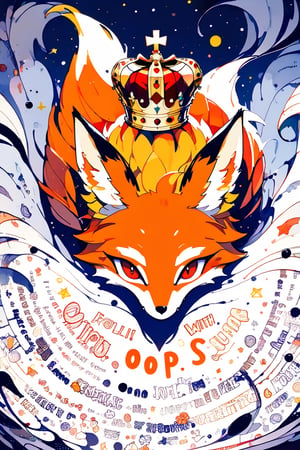 //quality, (masterpiece:1.4), (detailed), ((,best quality,)),//,(,orange_fox,no humans,fox focus,red eyes,evil fox,fox with yellow crown:1.4),fox_tail,(animal),evil smile,fangs,grin,(flat art:1.3),dark anime,dark fantasy,(doodle :1.4),doodle style,chibi,star \(symbol\),starry_background,black_background,(((,letter_format,letter words with "Oops!" Text))),