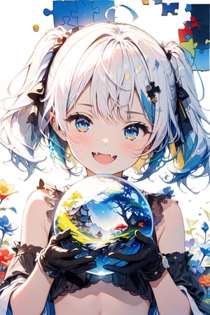 //quality, (masterpiece:1.4), (detailed),((,best quality,)),//,1girl,solo,loli,//,(short twintails:1.4),(white hair:1.2),(blue hair:1.1),(colored inner hair:1.3),ahoge,hair_accessories,(blue_eyes:1.4),beautiful detailed eyes,glowing eyes,navel, armpits,midriff,//,fashion,white crop top with logos,(black gloves:1.4),//,(, smiling,blush:1.1),happy_face,(cute_fang:1.3),looking_at_viewer,facing_viewer,//,(,blue growing orb,holding a blue growing orb:1.4),//(close_up portrait),Ink art,(,red ink and blue ink background,),(puzzle,puzzlu wall:1.4), (straight-on:1.4), colorful ink background, ink brushes in background, attractive aesthetics, modern art