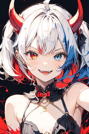 //quality, (masterpiece:1.4), (detailed), ((,best quality,)),//1girl,solo,loli,//,(short twintails:1.4),(white hair:1.2),(blue hair:1.1),(colored inner hair:1.3),ahoge,(demon horn:1.3),hair_accessories,beautiful detailed eyes,glowing eyes,(blue eyes:1.4),(red eyes:1.1),(heterochromia:1.4),armpits,navel,//,fashion,blue croptop,(gloves:1.2),//,(,naughty_face:1.2),blush,(smirk:1.3),(,frowning,fangs:1.2),close-up,facing at viewer,//,//,(,black_background:1.2),ink art,(red ink and blue ink surrounding the girl:1.4),ink background,