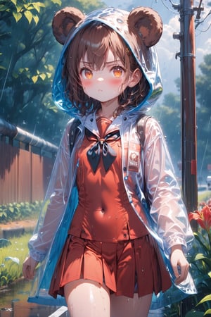 //quality, (masterpiece:1.4), (detailed), ((,best quality,)),//,extremely detailed CG,//, 1girl,solo,cute,/,(brown bear ears:1.4),(hairstyle,brown hair),short hair, bangs,orange eyes,glowing eyes,beautiful detailed eyes,flat_chest,(covered_navel:1.2)//,(red_school_uniform:1.3),(hood_up:1.4),(,white transparent raincoat:1.4),schoolbag,wet,//,blush,serious,:<,pout:1.3,//,walking,//,(heavy raining:1.3),cloudy,road,scenery,lily_(flower),(flowers:1.4),fence,trees,leaf,plant,cowboy_shot,close_up,,reflection