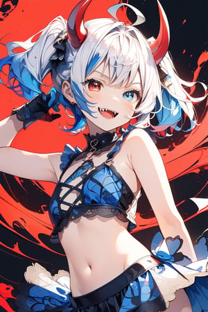 //quality, (masterpiece:1.4), (detailed), ((,best quality,)),//1girl,solo,loli,//,(short twintails:1.4),(white hair:1.2),(blue hair:1.1),(colored inner hair:1.3),ahoge,(demon horn:1.3),hair_accessories,beautiful detailed eyes,glowing eyes,(blue eyes:1.4),(red eyes:1.1),(heterochromia:1.4),armpits,navel,//,fashion,blue croptop,(gloves:1.2),//,(,naughty_face:1.2),blush,(smirk:1.3),(,frowning,fangs:1.2),cowboy_shot,facing at viewer,//,battle stance,//,(motion_lines,motion_blur:1.3),(,black_background:1.2),ink art,(red ink and blue ink surrounding the girl:1.4),ink background,
