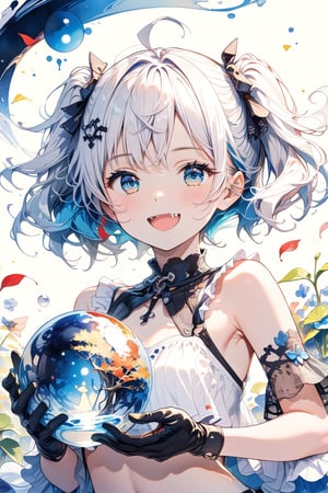 //quality, (masterpiece:1.4), (detailed),((,best quality,)),//,1girl,solo,loli,//,(short twintails:1.4),(white hair:1.2),(blue hair:1.1),(colored inner hair:1.3),ahoge,hair_accessories,(blue_eyes:1.4),beautiful detailed eyes,glowing eyes,navel, armpits,midriff,//,fashion,white crop top with logos,(black gloves:1.4),//,(, smiling,blush:1.1),happy_face,(cute_fang:1.3),looking_at_viewer,facing_viewer,//,(,blue growing orb,holding a blue growing orb:1.4),//(close_up portrait),Ink art,(,red ink and blue ink background,),(puzzle:1.4), (straight-on:1.4), colorful ink background, ink brushes in background, attractive aesthetics, modern art