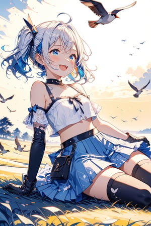 //quality, (masterpiece:1.4), (detailed), ((,best quality,)),//,1girl,solo,loli,//,(short twintails:1.3),(white hair:1.2),(blue hair:1.1),(colored inner hair:1.3),ahoge,hair_accessories,(blue_eyes:1.4),beautiful detailed eyes,glowing eyes,//(,fashion,white croptop,blue skirt,), thighhigh,gloves,//,(,smiling,blush:1.1),happy_face,(cute_fang:1.3),lying on back,on grass,(wide_shot:1.4),Ink art,(daybreak:1.4),(flying birds:1.4),Ink art,scenery,horizon