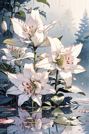 //quality, (masterpiece:1.4), (detailed), ((,best quality,)),//(heavy raining:1.3),scenery,(flowers:1.4),flower focus,lily_(flower),leaf,plant,reflection,spring,Sepals,Petals