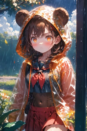 //quality, (masterpiece:1.4), (detailed), ((,best quality,)),//,extremely detailed CG,//, 1girl,solo,cute,/,(brown bear ears:1.4),(hairstyle,brown hair),short hair, bangs,orange eyes,glowing eyes,beautiful detailed eyes,(covered_navel:1.2)//,(red_school_uniform:1.2),(hood_up:1.4),(transparent raincoat:1.4),schoolbag,wet,//,blush,serious,:<,pout:1.3,//,walking,//,(heavy raining:1.3),cloudy,road,scenery,lily_(flower),(flowers:1.4),fence,trees,leaf,plant,cowboy_shot,close_up,,reflection