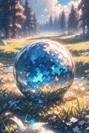 //quality, (masterpiece:1.4), (detailed), ((,best quality,)),//,(grass:1.4),flowers,(,daybreak:1.4),scenery,(((close up to glowing puzzle orb,white feather))), 