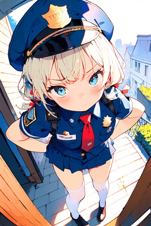 //quality, (masterpiece:1.3), (detailed), ((,best quality,)),//1girl,(loli:1.4),child,//,blonde_hair,sidelocks,(hair_bows:1.2),(low twintails:1.4),detailed eyes, blue eyes,//,(Text "FBI" uniform :1.4),(darkblue police_uniform:1.4),short_sleeves,(darkblue police_cap,darkblue miniskirt),((FBI badges,)),red tie,(white_stockings:1.2),//,(serious,angry),:<,(blush), looking_above,//,(crossed_arms:1.4),standing,//,(from_above:1.4),(ground),plants,leaf,Porch Front,((Fisheye lens :1.4)),,emo
