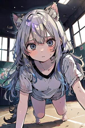 //quality, (masterpiece), (detailed), ((,best quality,)),//1girl,(((,snowleopard girl,snowleapoard tail,snowleapoard ears,))),hairstyle, (white hair),  braid,sidelocks, lightblue eyes, beautiful detailed eyes,big eyes, (, medium breasts,), ,hair_accessories,
 accessories,((,blush,emotionless,expressionless,closed_mouth,)) ,(( , volleyball uniforms,buruma,bloomers,)), sweat,wet clothes,((indoors, school sports gym, ground)), low_angle,from_below,view_from_below, (straight-on, wide shot),(((, jack-o' challenge,top down bottom up,
))),/,aesthetic,cute,,dal,cute comic