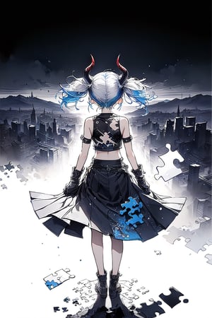 //quality, (masterpiece:1.4), (detailed), ((,best quality,)),//,1girl, (standing on black ink:1.2),from_behind,aerial_view,demon_horns,(short twintails),(white hair:1.3),(blue hair:1.1),(croptop, gloves,skirt),(wide_shot:1.4),mid_shot,Ink art,(,black_sky,black_background:1.4),(puzzle:1.3),city ruins,(dust:1.4),broken_glasses