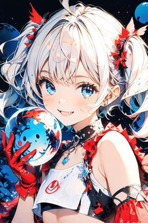 //quality, (masterpiece:1.4), (detailed),((,best quality,)),//,1girl,solo,loli,//,(short twintails:1.3),(white hair:1.2),(blue hair:1.1),(colored inner hair:1.3),ahoge,hair_accessories,(blue_eyes:1.4),beautiful detailed eyes,glowing eyes,//(,fashion,white crop top with logos,navel,gloves,//,(, smiling,blush:1.1),happy_face,(cute_fang:1.3),looking_at_viewer,facing_viewer,//,(holding a growing orb:1.4),//(close_up portrait),Ink art,(,red ink and blue ink background,),(puzzle:1.4)