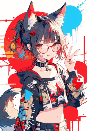//quality, (masterpiece:1.4), (detailed), ((,best quality,)),//,1girl,solo,(cute,loli),//,(black fox ears:1.4),animal ear fluff,(black hair:1.3),(red hair1.2),(colored inner hair:1.4),(short ponytail:1.4),bangs,sidelocks,beautiful detailed eyes,(red eyes:1.3),(,red_glasses:1.4),(black_fox_tail :1.4),//,fashion,hood,(cat_collar,collarbone),navel,ink-stained_clothes,ink_on_face,//,:),looking_at_viewer,(,closed_mouth,smile),(blushing:1.3),//,dynamic pose,(((,hand_up,v,v-sign))),//,emo,(graffiti style:1.4),(wall), graffiti,street_art,wall_writing,colordul ink,colorful background,Ink art,(cowboy_shot:1.3) 
