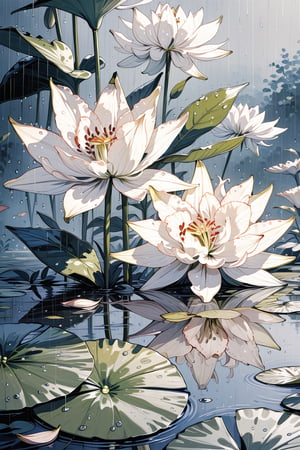 //quality, (masterpiece:1.4), (detailed), ((,best quality,)),//(heavy raining:1.3),(flowers:1.4),flower focus,lily_(flower),leaf,plant,reflection,spring,Sepals,Petals