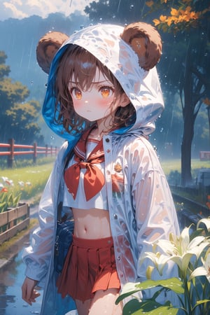 //quality, (masterpiece:1.4), (detailed), ((,best quality,)),//,extremely detailed CG,//, 1girl,solo,cute,/,(brown bear ears:1.4),(hairstyle,brown hair),short hair, bangs,orange eyes,glowing eyes,beautiful detailed eyes,flat_chest,(navel:1.2)//,(red_school_uniform:1.3),white shirt,(hood_up:1.4),(,white transparent raincoat:1.4),schoolbag,wet,//,blush,serious,:<,pout:1.3,//,walking,//,(heavy raining:1.3),cloudy,road,scenery,lily_(flower),(flowers:1.4),fence,trees,leaf,plant,cowboy_shot,close_up,,reflection