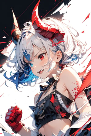 //quality, (masterpiece:1.4), (detailed), ((,best quality,)),//1girl,solo,loli,//,(short twintails:1.4),(white hair:1.2),(blue hair:1.1),(colored inner hair:1.3),ahoge,(demon horn:1.3),hair_accessories,beautiful detailed eyes,glowing eyes,(blue eyes:1.3),(red eyes:1.2),(heterochromia:1.4),(armpits),navel,//,fashion,blue croptop,(gloves:1.2), stocking,//,(,angry:1.2),blush,(smirk:1.3),(,frowning,fangs:1.2),//,(battle stance,,clenched_fist:1.4),//,(motion_lines,motion_blur:1.3),(,black_background:1.4),ink art,(red ink and blue ink surrounding the girl:1.4),ink background,broken_glass, shards,flying puzzle, (profile:1.6)
