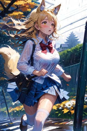 //quality, (masterpiece:1.4), (detailed), ((,best quality,)),//,(1girl),(solo:1.2),//,(yellow dog_ears :1.3), animal ear fluff,(yellow dog tail:1.3),hairstyle, (yellow hair:1.3),long_hair,wavy_hair,bangs,(yellow_eyes),big eyes, detailed eyes,(,large_chests:1.4),//,hair_ornaments,ornaments,(blue school_uniform: 1.4),white shirt,blue short skirt, (schoolbag),white thighhigh,skindentation,(wet:1.4),(wet_clothes,wet_hair),//,frown,mouth_open,(blushing:1.2),//,(running:1.4),//,(heavy raining:1.4),cloudy,road,scenery,(flowers:1.4),fence,trees,leaf,plant,motion_blur,flying sweatdrops,