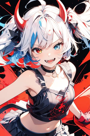 //quality, (masterpiece:1.4), (detailed), ((,best quality,)),//1girl,solo,loli,//,(short twintails:1.4),(white hair:1.2),(blue hair:1.1),(colored inner hair:1.3),ahoge,(demon horn:1.3),hair_accessories,beautiful detailed eyes,glowing eyes,(blue eyes:1.4),(red eyes:1.1),(heterochromia:1.4),armpits,navel,//,fashion,blue croptop,(gloves:1.2), stocking,//,(,naughty_face:1.2),blush,(smirk:1.3),(,frowning,fangs:1.2),cowboy_shot,facing at viewer,//, running,battle stance, lending forward,//,(motion_lines,motion_blur:1.3),(,black_background:1.2),ink art,(red ink and blue ink surrounding the girl:1.4),ink background,broken_glass, shards,flying puzzle 