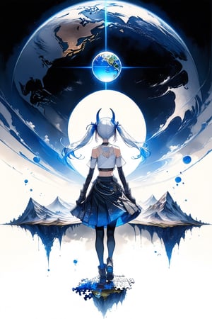 //quality, (masterpiece:1.4), (detailed), ((,best quality,)),//,1girl, (standing on black ink:1.2),from_behind,aerial_view,demon_horns,(short twintails),(white hair:1.3),(blue hair:1.1),(croptop, gloves,skirt),(wide_shot:1.4),mid_shot,Ink art,,(((,earth,glowing orb:1.4))),//,//,(,puzzle of earth:1.4),Ink art,scenery