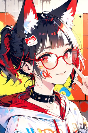 //quality, (masterpiece:1.4), (detailed), ((,best quality,)),//,1girl,solo,(cute,loli),//,(black fox ears:1.4),animal ear fluff,hairstyle, (black hair:1.3),(red hair1.2),(colored inner hair:1.4),(short ponytail:1.4),sidelocks, beautiful detailed eyes,((red eyes:1.3)),(,red_glasses:1.4),//,fashion,hood,(cat_collar,collarbone),//,:),looking_at_viewer,(,closed_mouth,smile),(blushing:1.3),//,(,v,v-sign:1.4),//,(,from_side,face focus,close_up portrait:1.4),((((((face graffiti,cheek graffiti,face graffiti with words text "10K",Text)))))),emo