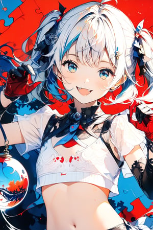 //quality, (masterpiece:1.4), (detailed),((,best quality,)),//,1girl,solo,loli,//,(short twintails:1.3),(white hair:1.2),(blue hair:1.1),(colored inner hair:1.3),ahoge,hair_accessories,(blue_eyes:1.4),beautiful detailed eyes,glowing eyes,//(,fashion,white crop top with logos,navel,(black gloves:1.4),//,(, smiling,blush:1.1),happy_face,(cute_fang:1.3),looking_at_viewer,facing_viewer,//,(hands holding a growing orb:1.4),//(close_up portrait),Ink art,(,red ink and blue ink background,),(puzzle:1.4), (straight-on:1.4)