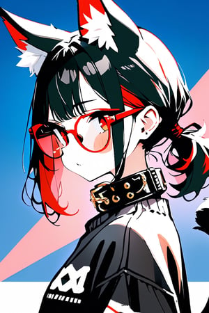 //quality, (masterpiece:1.4), (detailed), ((,best quality,)),//,1girl,solo,Tekeli,black fox ears,animal ear fluff,black fox tail,black hair,red inner hair,short ponytail,sidelocks,red eyes,red_glasses,fashion,cat_collar,blush,looking_at_viewer,from_side,dal-1