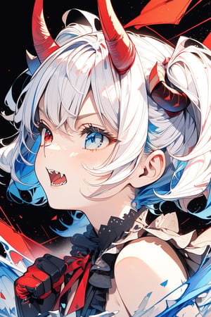 //quality, (masterpiece:1.4), (detailed), ((,best quality,)),//1girl,solo,loli,//,(short twintails:1.4),(white hair:1.2),(blue hair:1.1),(colored inner hair:1.3),ahoge,(demon horn:1.3),hair_accessories,beautiful detailed eyes,glowing eyes,(blue eyes:1.4),(red eyes:1.1),(heterochromia:1.4),armpits,navel,//,fashion,blue croptop,(gloves:1.2), stocking,//,(,angry:1.2),blush,(smirk:1.3),(,frowning,fangs:1.2),//,battle stance,clenched_fist,//,(motion_lines,motion_blur:1.3),(,black_background:1.4),ink art,(red ink and blue ink surrounding the girl:1.4),ink background,broken_glass, shards,flying puzzle, (profile:1.4)