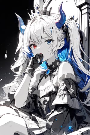 //quality, (masterpiece:1.4), (detailed), ((,best quality,)),//,1girl,solo,loli,//,(short_twintails:1.4),(white hair:1.2),(blue hair:1.1),(colored inner hair:1.3),ahoge,(demon horn:1.3),hair_accessories,beautiful detailed eyes,glowing eyes,(blue eyes:1.4),(red eyes:1.1),(heterochromia:1.4),//,fashion,(crown:1.2),white crop top,(gloves:1.2),//,blush,boring,serious,//,(puzzle:1.3),(,sitting on throne:1.4),(resting head,holding puzzle over mouth,hand_over_mouth:1.4),//,//(,dark_background:1.2),(indoor,black_background:1.4),(monochrome:1.3),(greyscale:1.4),(ruin of buildings :1.4),broken_glass