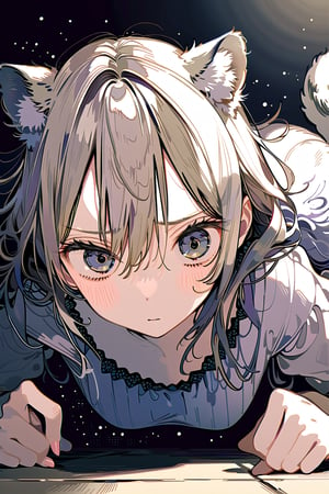//quality, (masterpiece), (detailed), ((,best quality,)),//1girl,(((,snowleopard girl,snowleapoard tail,snowleapoard ears,))),hairstyle, (white hair),  braid,sidelocks, lightblue eyes, beautiful detailed eyes,big eyes, (, medium breasts,), ,hair_accessories,
 accessories,((,blush,emotionless,expressionless,closed_mouth,)) ,(( , volleyball uniforms,buruma,bloomers,)), sweat,wet clothes,((indoors, school sports gym, ground)), low_angle,from_below,view_from_below, (straight-on, wide shot),(((, push up,top down bottom up,
))),/,aesthetic,cute,,dal,cute