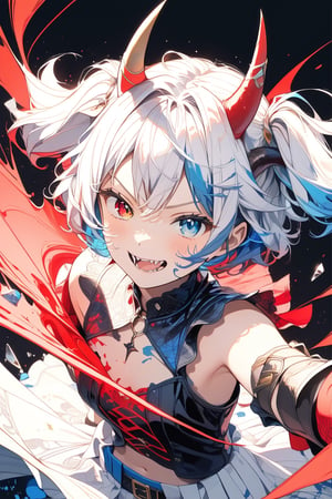 //quality, (masterpiece:1.4), (detailed), ((,best quality,)),//1girl,solo,loli,//,(short twintails:1.4),(white hair:1.2),(blue hair:1.1),(colored inner hair:1.3),ahoge,(demon horn:1.3),hair_accessories,beautiful detailed eyes,glowing eyes,(blue eyes:1.4),(red eyes:1.1),(heterochromia:1.4),armpits,navel,//,fashion,blue croptop,(gloves:1.2),//,(,naughty_face:1.2),blush,(smirk:1.3),(,frowning,fangs:1.2),cowboy_shot,facing at viewer,//,battle stance, lending forward,//,(motion_lines,motion_blur:1.3),(,black_background:1.2),ink art,(red ink and blue ink surrounding the girl:1.4),ink background,broken_glass, shards,flying puzzle 