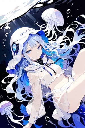 //quality, (masterpiece:1.331), (detailed), ((,best quality,)),//,illustration,//,1girl,jellyfish girl,//,(deepskyblue hair:1.331),(,long hair:1.21),hair_style,wavy_hair,sidelocks,(white jellyfish hood,:1.331),hood_up,see_through,long sleeves,large_breasts,pale skin,beautiful detailed eyes, blue eyes,eye_glow,//,expressionless,//,floating,floating in the sea,//,(underwater:1.331),kelp forest,jellyfish,white tentacles,//,dal,aesthetic,tentacles