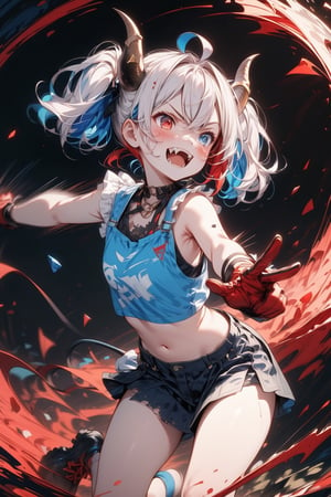 //quality, (masterpiece:1.4), (detailed), ((,best quality,)),//1girl,solo,loli,//,(short twintails:1.4),(white hair:1.2),(blue hair:1.1),(colored inner hair:1.3),ahoge,(demon horn:1.3),hair_accessories,beautiful detailed eyes,glowing eyes,(blue eyes:1.4),(red eyes:1.1),(heterochromia:1.4),armpits,navel,//,fashion,blue croptop,(gloves:1.2), stocking,//,(, angry:1.2),blush,(smirk:1.3),(,frowning,fangs:1.2),//, running,battle stance, lending forward,//,(motion_lines,motion_blur:1.3),(,black_background:1.4),ink art,(red ink and blue ink surrounding the girl:1.4),ink background,broken_glass, shards,flying puzzle, (profile:1.4)
