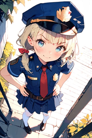 //quality, (masterpiece:1.3), (detailed), ((,best quality,)),//1girl,(loli:1.4),child,//,blonde_hair,sidelocks,(hair_bows:1.2),(low twintails:1.4),detailed eyes, blue eyes,//,(Text "FBI" uniform :1.4),(darkblue police_uniform:1.4),short_sleeves,(darkblue police_cap),darkblue miniskirt,((FBI badges,)),red tie,(white_stockings:1.2),//,(serious,angry),evil smile,(blush), looking_above,//,(hands on hips:1.4),//,(from_above:1.4),(outdoors ground),Porch Front,plants,leaf,((Fisheye lens :1.4)),blurry_background,emo