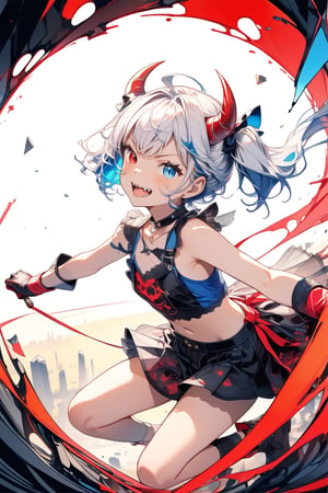 //quality, (masterpiece:1.4), (detailed), ((,best quality,)),//1girl,solo,loli,//,(short twintails:1.4),(white hair:1.2),(blue hair:1.1),(colored inner hair:1.3),ahoge,(demon horn:1.3),hair_accessories,beautiful detailed eyes,glowing eyes,(blue eyes:1.4),(red eyes:1.1),(heterochromia:1.4),armpits,navel,//,fashion,blue croptop,(gloves:1.2), stocking,//,(, angry:1.2),blush,(smirk:1.3),(,frowning,fangs:1.2),cowboy_shot,facing at viewer,//, running,battle stance, lending forward,//,(motion_lines,motion_blur:1.3),(,black_background:1.2),ink art,(red ink and blue ink surrounding the girl:1.4),ink background,broken_glass, shards,flying puzzle 