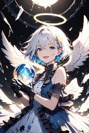 [Angel ଘ( ˊᵕˋ )ଓ TensorArt:0.00]//quality, (masterpiece:1.4), (detailed), ((,best quality,)),//,1girl,solo,loli, (angel:1.4),//,(short hair:1.4),(white hair:1.3),(blue hair:1.2),(colored inner hair:1.4),ahoge,(halo:1.4),hair_accessories,blue eyes,beautiful detailed eyes,glowing eyes,(angel_wings:1.4),//,lolita,(blue_dress: 1.4),armpits, (gloves:1.4),//, smile ,cute_fangs, looking at viewer,facing_viewer,(straight-on:1.3),//,standing,(holding glowing orb:1.4),(,puzzle,broken_glass,hole,dark_background:1.3),broken_glass,(,backlighting:1.4),(cinematic lighting:1.2),light,shards,glass,cowboy_shot,close_up portrait 